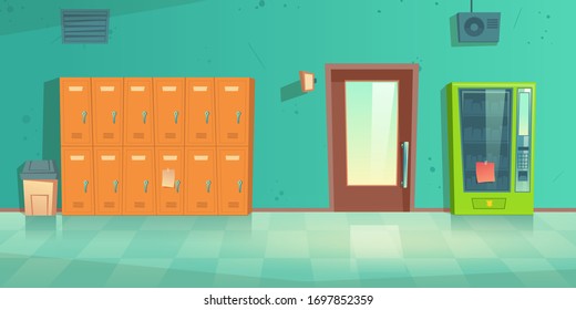 School Hallway, Empty Corridor Interior With Lockers, Vending Machine, Closed Door To Classroom And Litter Bin On Tiled Floor. College Campus Hall Or University Lobby, Cartoon Vector Illustration