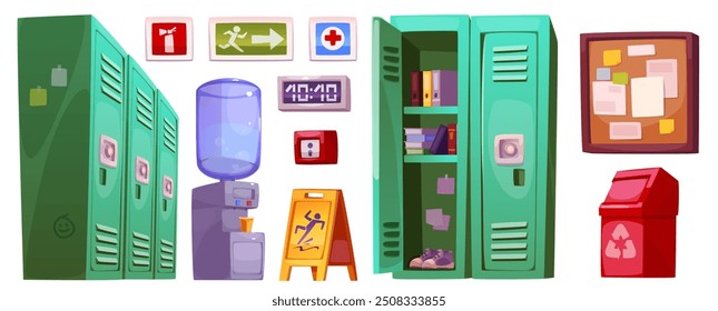 School hallway furniture set isolated on white background. Vector cartoon illustration of metal lockers with books and folders on shelves, water cooler, announcement board, waste bin, exit wall sign