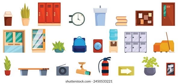 School hallway icons set cartoon vector. Alarm bell. Vending machine