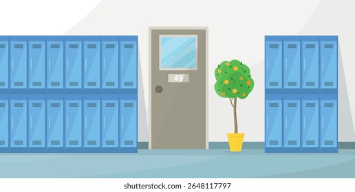 School hallway interior with classroom door, orange tree and lockers. School, college.