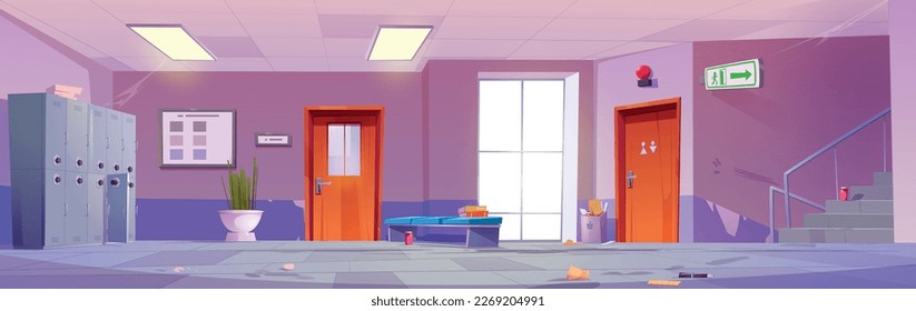 School hallway interior with classroom doors, lockers, staircase and window. Empty dirty university or college corridor with mess and trash on floor, vector cartoon illustration