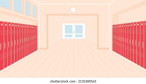 School Hallway Interior With Entrance Doors, Lockers and Clock Hang on Wall. Empty Corridor in College, University With Closed Classrooms Doors and Wooden Floor. Cartoon Vector Illustration