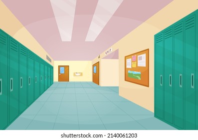 School Hallway Interior With Entrance Doors, Lockers And Bulletin Board On Wall. Vector Cartoon Illustration Of Empty Corridor In College, University With Closed Classrooms Doors
