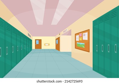 School hallway interior with entrance doors, lockers and bulletin board on wall. Vector cartoon illustration of empty corridor in college, university with closed classrooms doors
