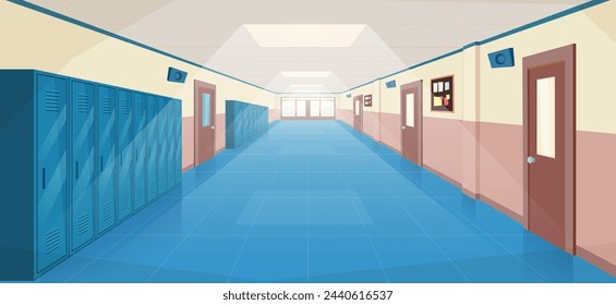 School hallway interior with entrance doors, lockers and bulletin board on wall. empty corridor in college, university with closed classrooms doors. Vector illustration in a flat style