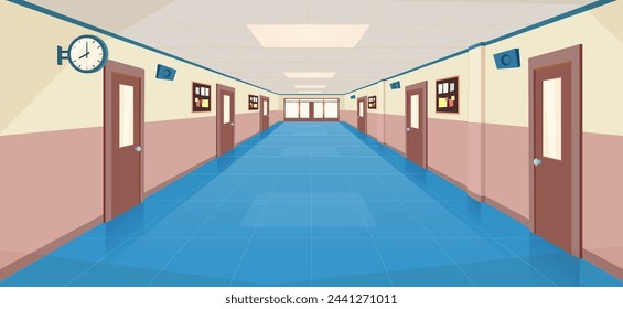 Interior del pasillo de la escuela con puertas de entrada, tablón de anuncios en la pared. pasillo vacío en la universidad, universidad con puertas de aulas cerradas. Ilustración vectorial en un estilo plano