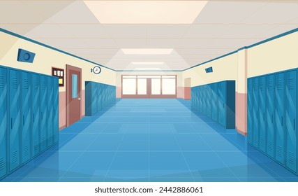 School hallway interior with entrance doors, lockers and bulletin board on wall. empty corridor in college, university with closed classrooms doors. Vector illustration in a flat style