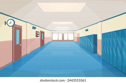 School hallway interior with entrance doors, lockers and bulletin board on wall. empty corridor in college, university with closed classrooms doors. Vector illustration in a flat style