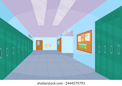 Interior del pasillo de la escuela con puertas de entrada, taquillas y tablón de anuncios en la pared. Ilustración de dibujos animados de Vector de pasillo vacío en la universidad, con puertas de aulas cerradas
