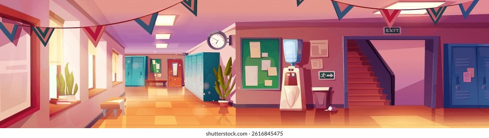 School hallway interior with furniture. Vector cartoon illustration of empty corridor with windows, student lockers, benches, information boards on wall, waste bin, modern education space on campus