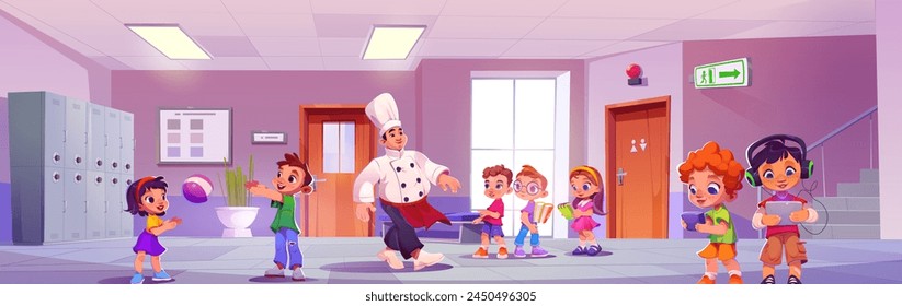 School hallway interior with kids and chef vector. Corridor with door to classroom and student on break. Preschool education building hall inside and children in elementary culinary class design