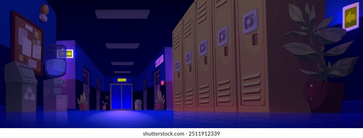 Interior del pasillo de la escuela por la noche. Ilustración de dibujos animados de Vector de pasillo oscuro vacío con taquillas de metal, dispensador de agua potable, tablero de anuncios en la pared, papelera, macetas, puertas del aula