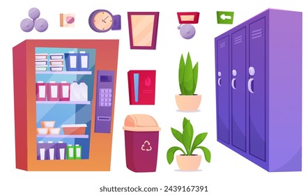 School hallway interior objects set. University corridor interior set design with classroom doors, lockers for students, vending machine with snacks. Education concept.