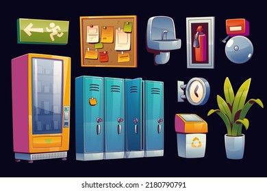 School hallway interior set with lockers, alarm bell, vending machine and bulletin board. Vector contemporary illustration of college corridor equipment, drinking fountain, trash bin and clock