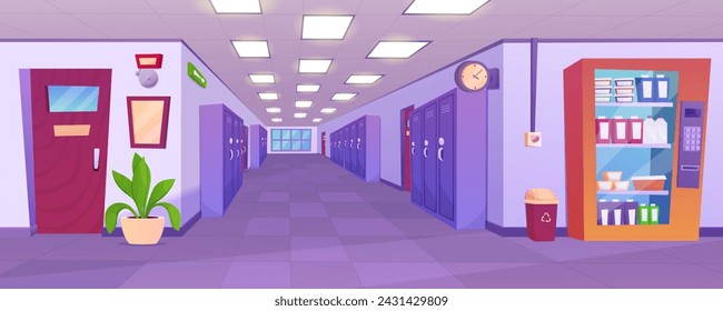 School hallway interior. University corridor interior design with classroom doors, lockers for students, vending machine with snacks. Education concept.