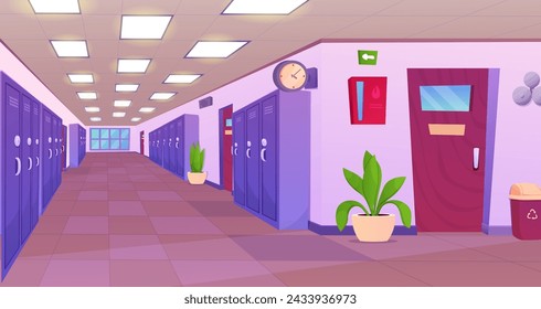 School hallway interior. University corridor interior design with classroom doors, lockers for students, vending machine with snacks. Education concept.