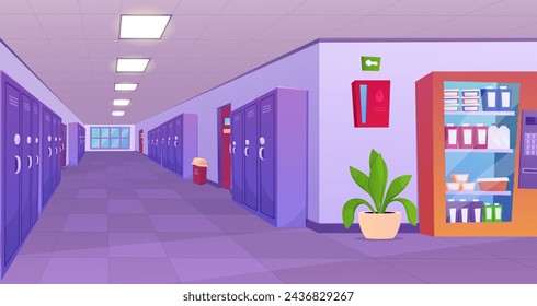 School hallway interior. University corridor interior design with classroom doors, lockers for students, vending machine with snacks. Education concept.