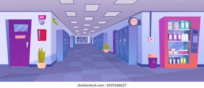 School hallway interior. University corridor interior design with classroom doors, lockers for students, vending machine with snacks. Education concept.