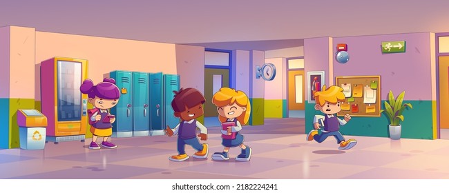 Pasadizo escolar con niños uniformados, taquillas, máquina expendedora y puertas a las aulas. Ilustración vectorial en el estilo contemporáneo del interior del pasillo universitario y estudiantes de niños y niñas diferentes