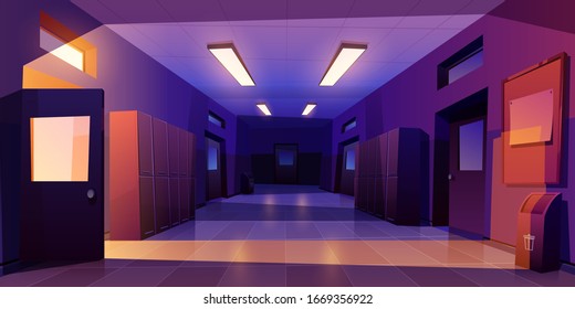 School Hallway Night Interior With Entrance Doors, Lockers And Bulletin Board On Wall In Electric Light. 