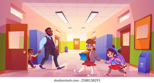 School hallway scene with children walking past lockers and classroom doors. Elementary student girls carrying books and backpacks, father leading schoolboy down corridor with fluorescent lighting.