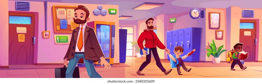 School hallway scene with walking characters - bearded teacher in suit, parent guiding excited pupil, student carrying backpack and book passing lockers. Elementary education corridor interior.