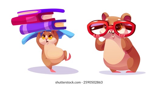 School hamster characters with study items - cheerful rodent carrying stack of colorful books, smiling pet wearing oversized red glasses. Educational mascot illustrations for children learning design.