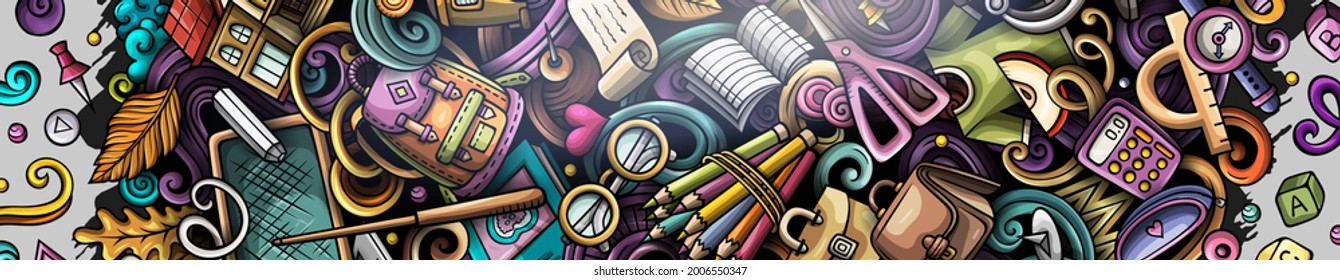 School hand drawn doodle banner. Cartoon vector detailed flyer. Illustration with education objects and symbols. Colorful horizontal background