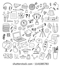 School hand drawn illustrations vector set. Outline school and science objects