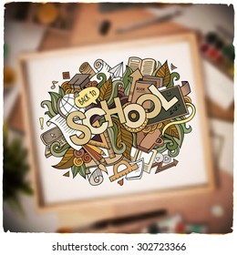 School hand lettering and doodles elements and symbols background. Vector blurred illustration