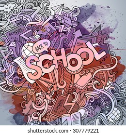 School hand lettering and doodles elements and symbols emblem. Vector watercolor stains background