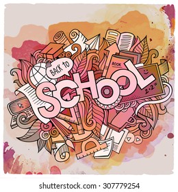 School hand lettering and doodles elements and symbols emblem. Vector watercolor stains background