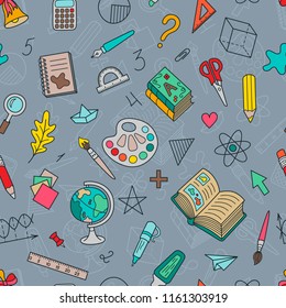 School Hand-drawn Colored Seamless Pattern of Stationery Objects on Grey Backdrop. Continuous Background of Doodle Objects for Pack or Wrapping Paper and Pupil's Products.