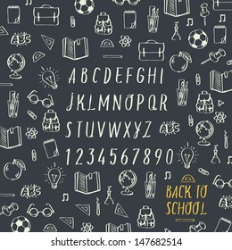 School hands draw chalk written font, vector image. 