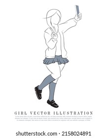 A School having selfie illustration, Vector line drawing of young lady, Joyful outline art of a female
