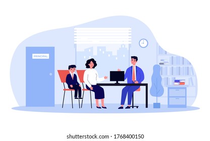 School headmaster meeting with student parent. Principal talking to mom and son in his office. Vector illustration for education, children behavior, teaching concept