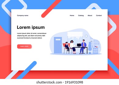 School headmaster meeting with student parent. Principal talking to mom and son in his office. Vector illustration for education, children behavior, teaching concept