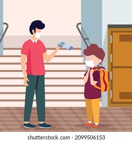 School health workers are checking students who have just entered school after a long time of online school. Vector colorful illustration. Cleaning school. 