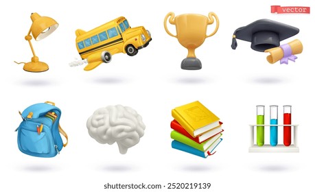 School, high quality 3d realistic vector set. Desk lamp, school bus, trophy, graduation hat, backpack, brain, books, test tubes