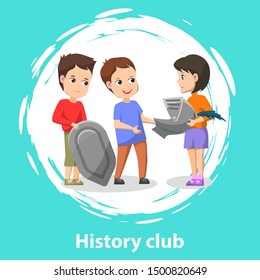 School history club for pupils. Three kids playing historical scene about knights. Children have armor and helmet for installation. Vector illustration in flat cartoon style