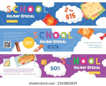 School holiday special sale discount internet banner fast food cafeteria landing page set vector flat illustration. Childish educational class cafeteria menu kids dinning offer catering online order