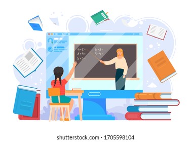 School home education online lesson vector. Computer screen with teacher and girl education on laptop illustration. Internet young student learning technology, course at university adult woman webinar