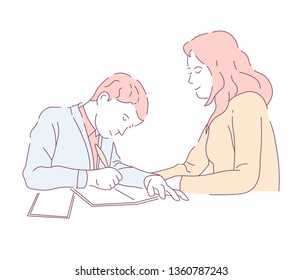 School homework assignment mother and son writing vector English subject copybook and pen schoolboy and tutor parent or older sister family help and assistance education and knowledge studying