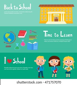 School horizontal banner set with school building, isolated school supplies, happy pupils: boy and girls in uniform. 