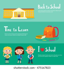 School horizontal banner set with school building, isolated school supplies, happy pupils: boy and girls in uniform. Design elements for child books, stickers, posters, web pages.    