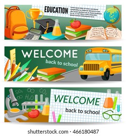 School horizontal banners set with yellow bus stationery chemical supplies textbooks award backpack microscope isolated vector illustration