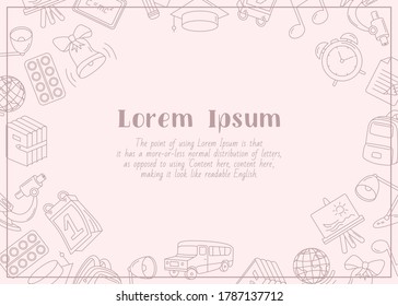 School - horizontal card with text and vector outline illustrations of education accessories for graphic design