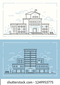 School and hospital - set of thin line design style vector illustrations on white and blue background. High quality collection of two public city buildings, lantern, trees, bench. Urban architecture