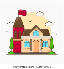 School House Building Vector Icon Illustration. Flat Cartoon Style for Web Landing Page, Banner, Sticker, Background.