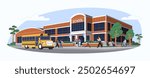 School house building with yellow bus in front of entrance. Children students walking on street, outdoors to schoolhouse. Kids at schoolyard. Flat vector illustration isolated on white background